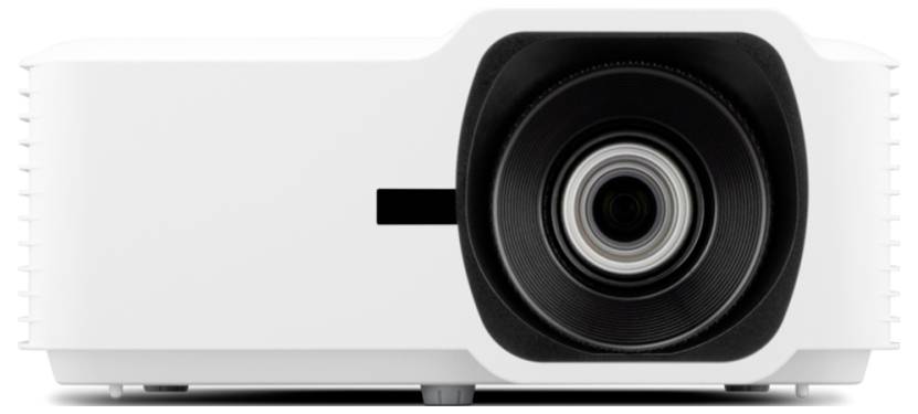 Weißer Projektor mit großer Linse nach vorne gerichtet.