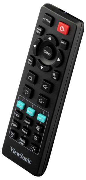 Eine schwarze ViewSonic-Fernbedienung mit verschiedenen Tasten wie Ein-/Ausschalter, Lautstärke, Eingabequellen und Navigationspfeilen zur Gerätesteuerung.