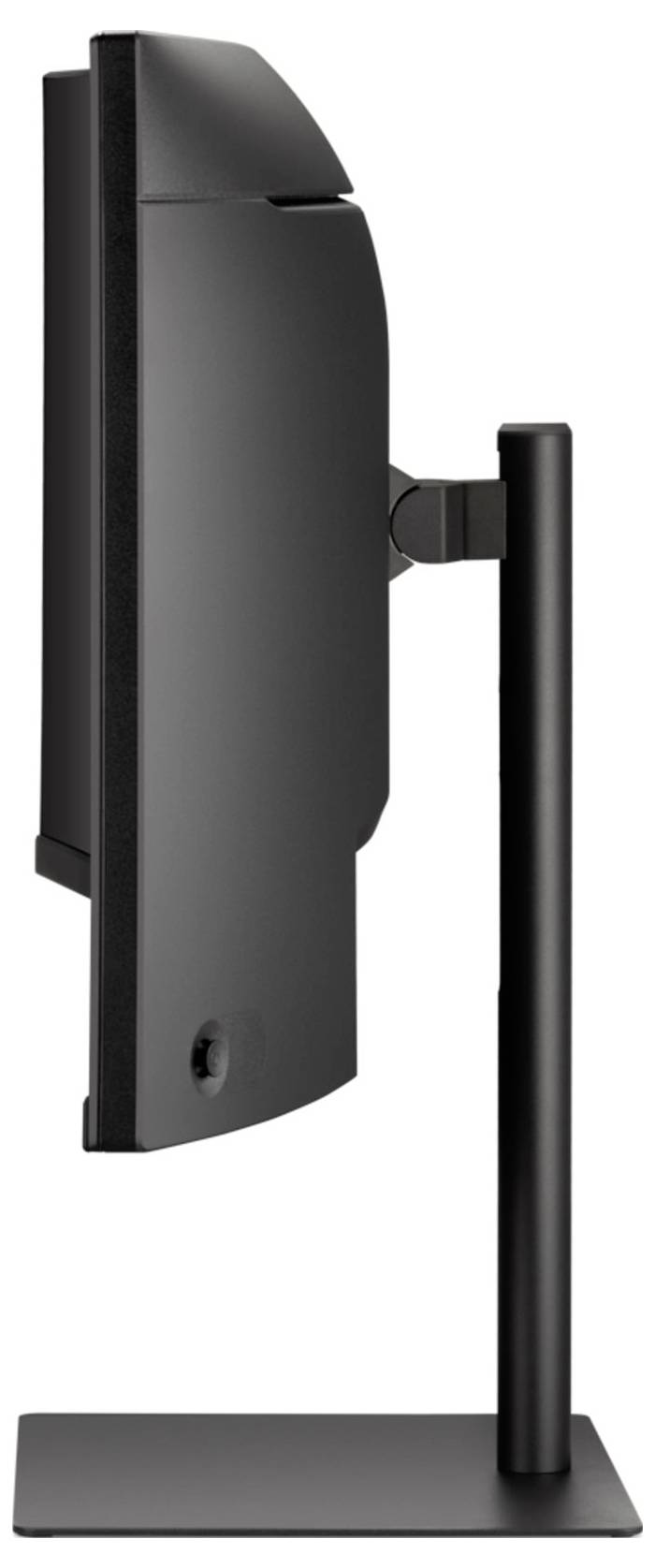 Seitenansicht eines eleganten, schwarzen Computermonitors mit vertikalem Ständer, die sein schlankes Profil und sein verstellbares Design zeigt.