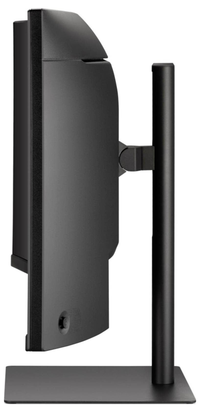 Ein schlanker schwarzer Monitor schräg nach oben geneigt, Seitenansicht, auf einem verstellbaren Ständer mit rechteckiger Basis montiert.