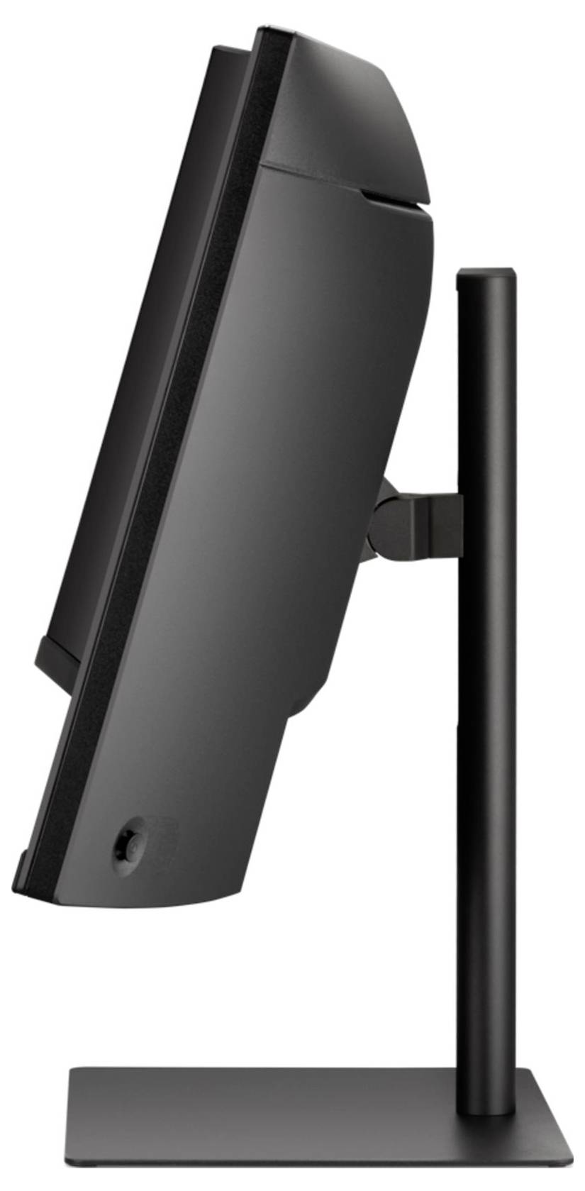 Ein schwarzer Computermonitor von der Seite betrachtet, auf einem vertikalen Ständer montiert, der sein dünnes Profil zeigt.