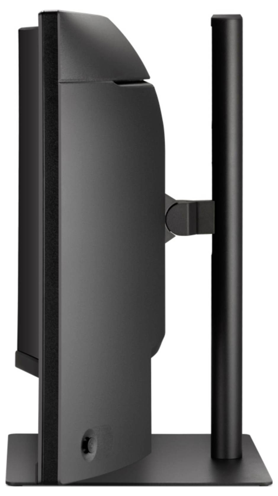 Ein schlanker, moderner Computermonitor von der Seite betrachtet, der sein dünnes Profil und seinen vertikalen Ständer zeigt.