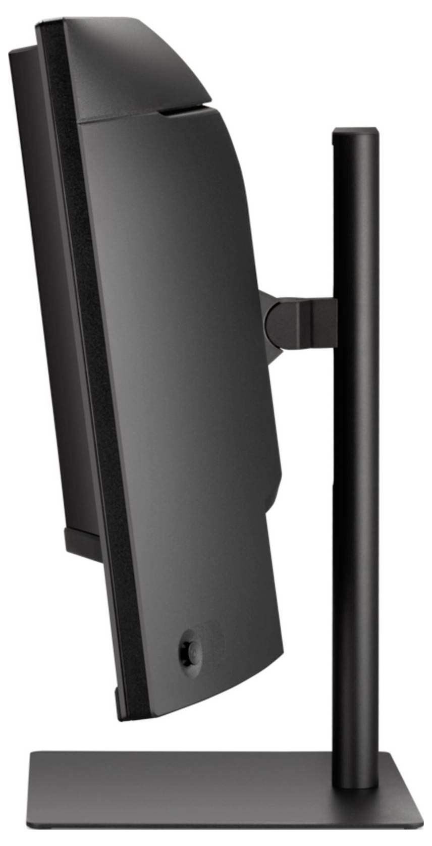 Ein schwarzer Computermonitor von der Seite betrachtet, montiert auf einem verstellbaren Ständer.