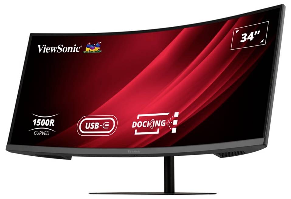 Gekrümmter 34-Zoll-Monitor von ViewSonic mit USB-C-Konnektivität und Docking-Funktionalität; verfügt über eine 1500R-Wölbung für ein immersives Seherlebnis.