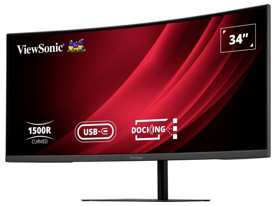 Ein 34-Zoll-Curved-Monitor von ViewSonic mit 1500R-Krümmung, USB-C-Konnektivität und Docking-Funktionen, angezeigt vor einem roten abstrakten Hintergrund.