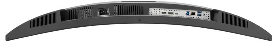 Rückansicht eines gekrümmten Computermonitors mit verschiedenen Anschlüssen, einschließlich HDMI, USB und Ethernet, die die Konnektivitätsoptionen hervorheben.