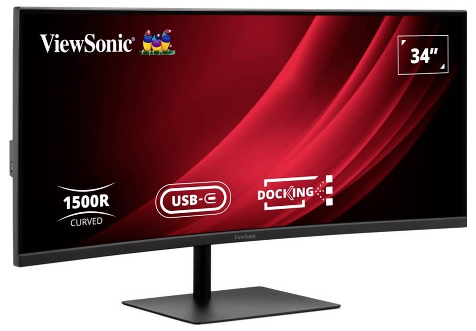 ViewSonic gekrümmter 34-Zoll-Monitor mit USB-C und Docking-Funktionen, mit einer 1500R-Krümmung und elegantem Design.