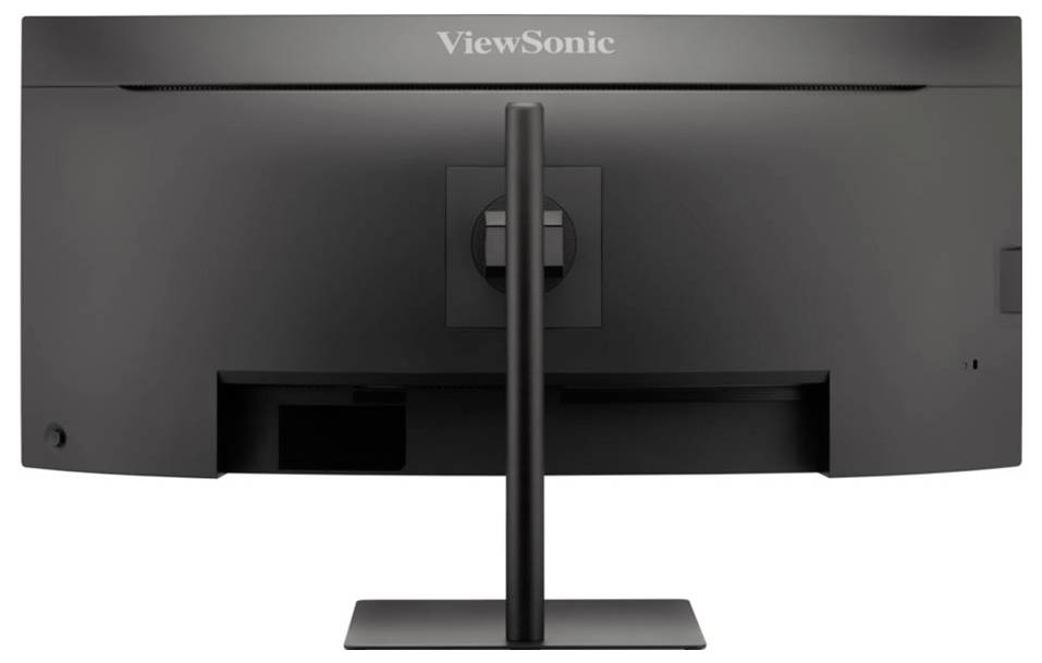 Ein ViewSonic-Computermonitor von hinten betrachtet, mit elegantem Design, zentralem Ständer und Kabelführungsöffnung.