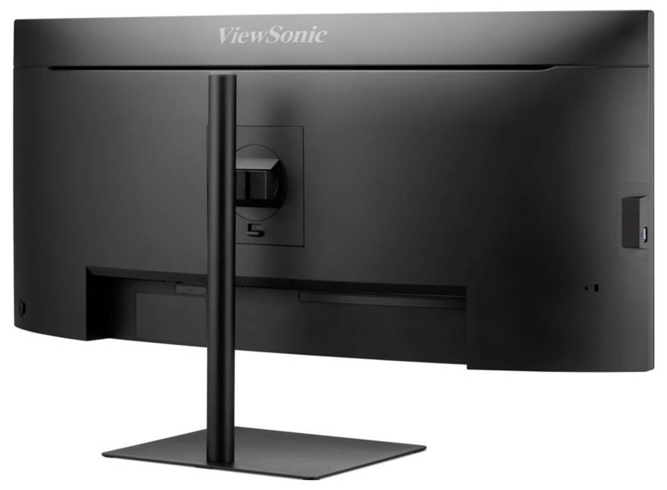 Ein schwarzer ViewSonic-Monitor, von hinten betrachtet, zeigt den Ständer und die Anschlussanschlüsse.