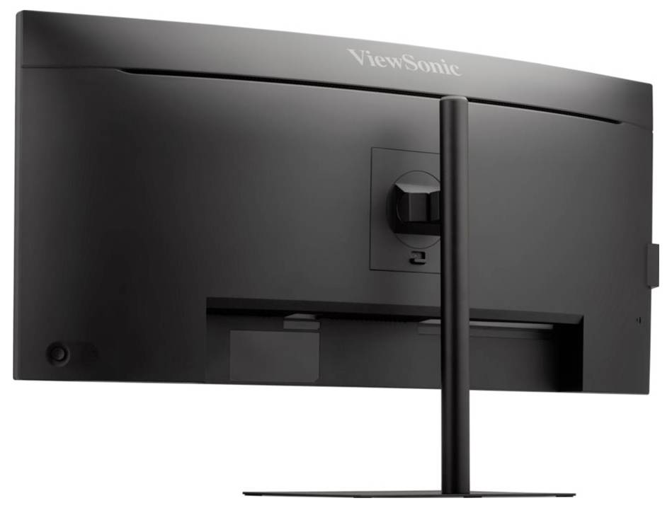 Eine Rückansicht eines schwarzen ViewSonic-Computermonitors auf einem Ständer, die die Befestigungshalterung und Anschlüsse zeigt.