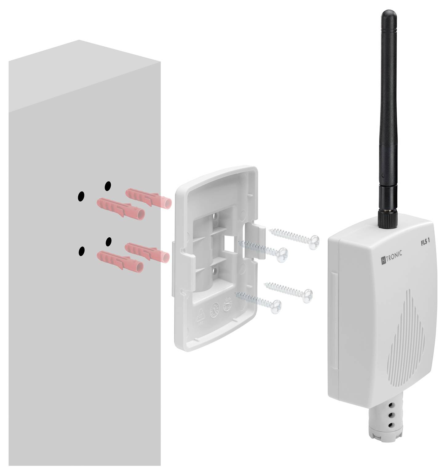 „Diagramm, das die Installation eines wandmontierten kabellosen Routers zeigt. Enthält Schrauben und Wanddübel, die zur Montage positioniert sind.