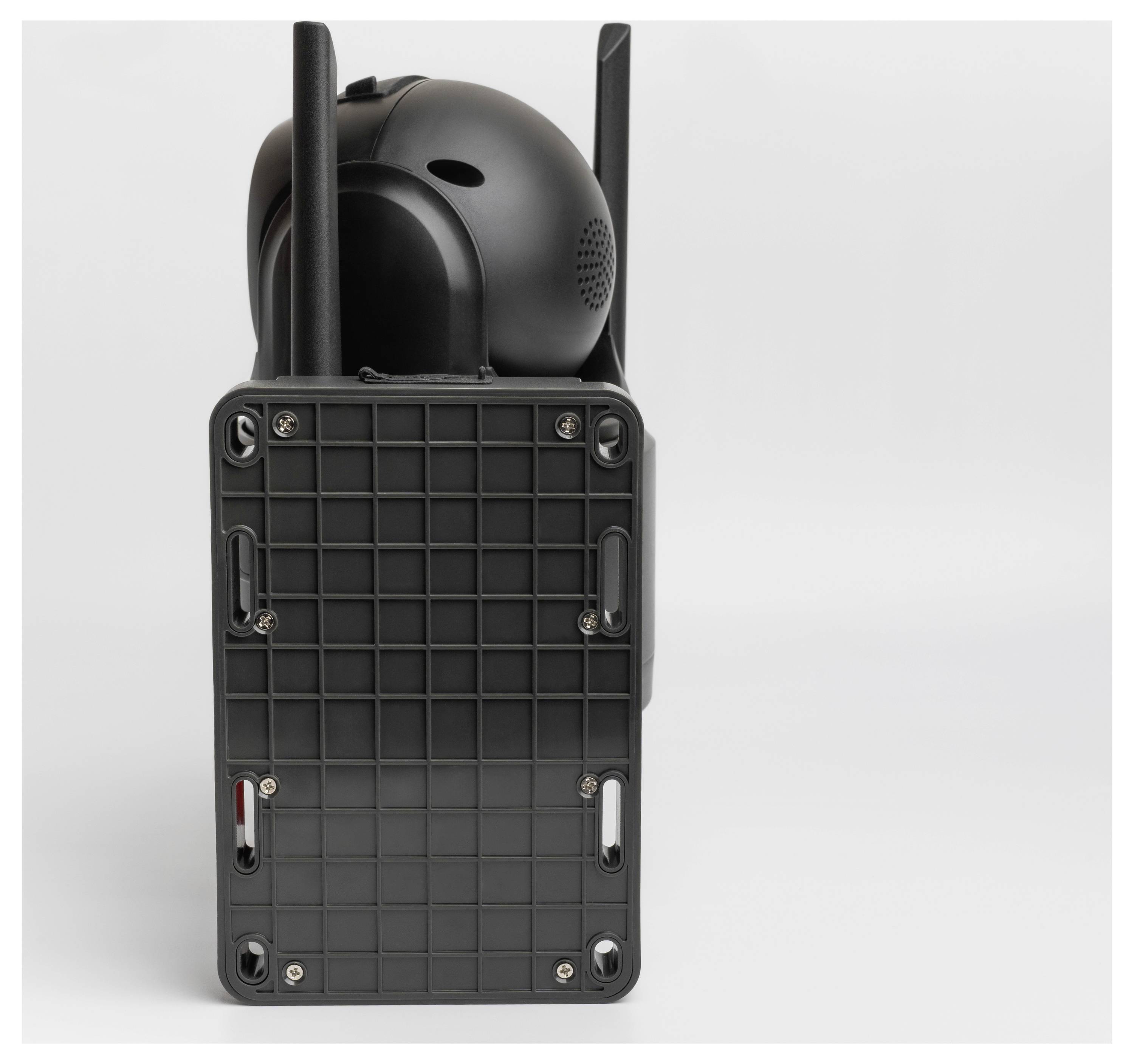 Ein schwarzes elektronisches Gerät mit Antennen und einem gittergemusterten Frontpanel, möglicherweise ein Kommunikations- oder Überwachungsgerät, auf weißem Hintergrund.