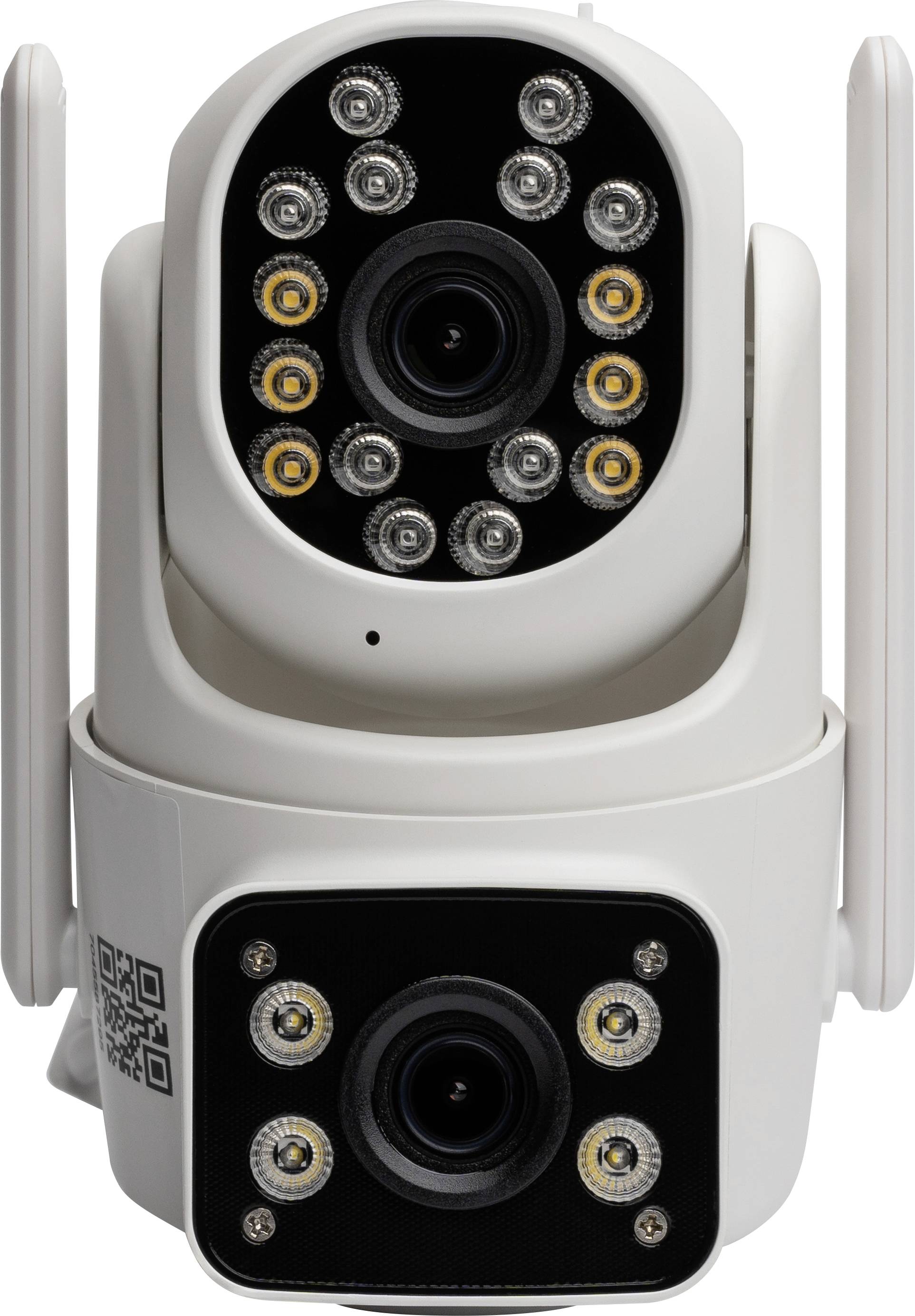 Eine weiße Überwachungskamera mit dualen Objektiven und mehreren LED-Leuchten, die für die Außenüberwachung ausgelegt ist. Sie verfügt über einen QR-Code an der Seite.