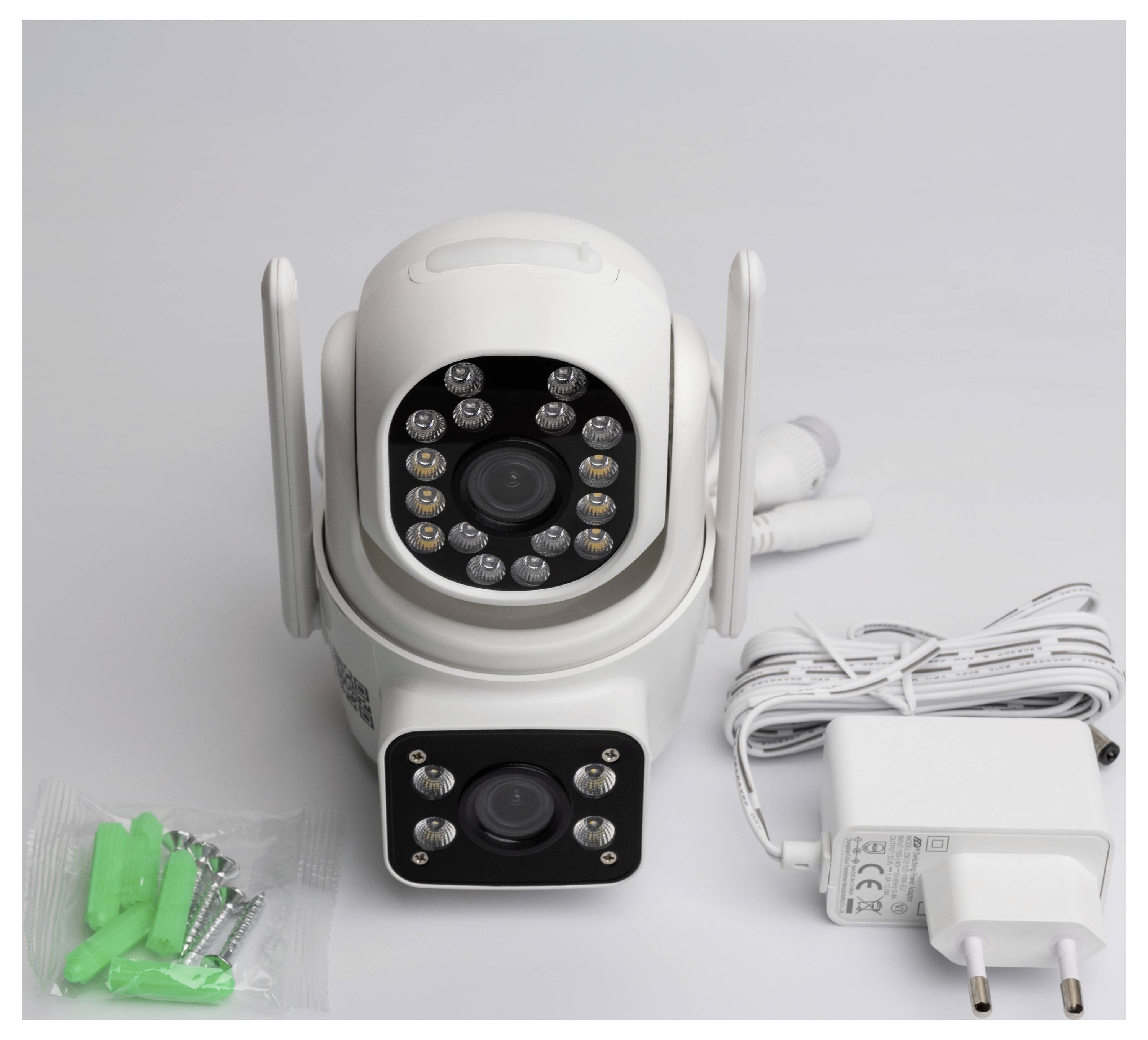 Eine weiße Überwachungskamera mit Antennen, Stromstecker und Montagematerial, konzipiert für die Außenüberwachung.