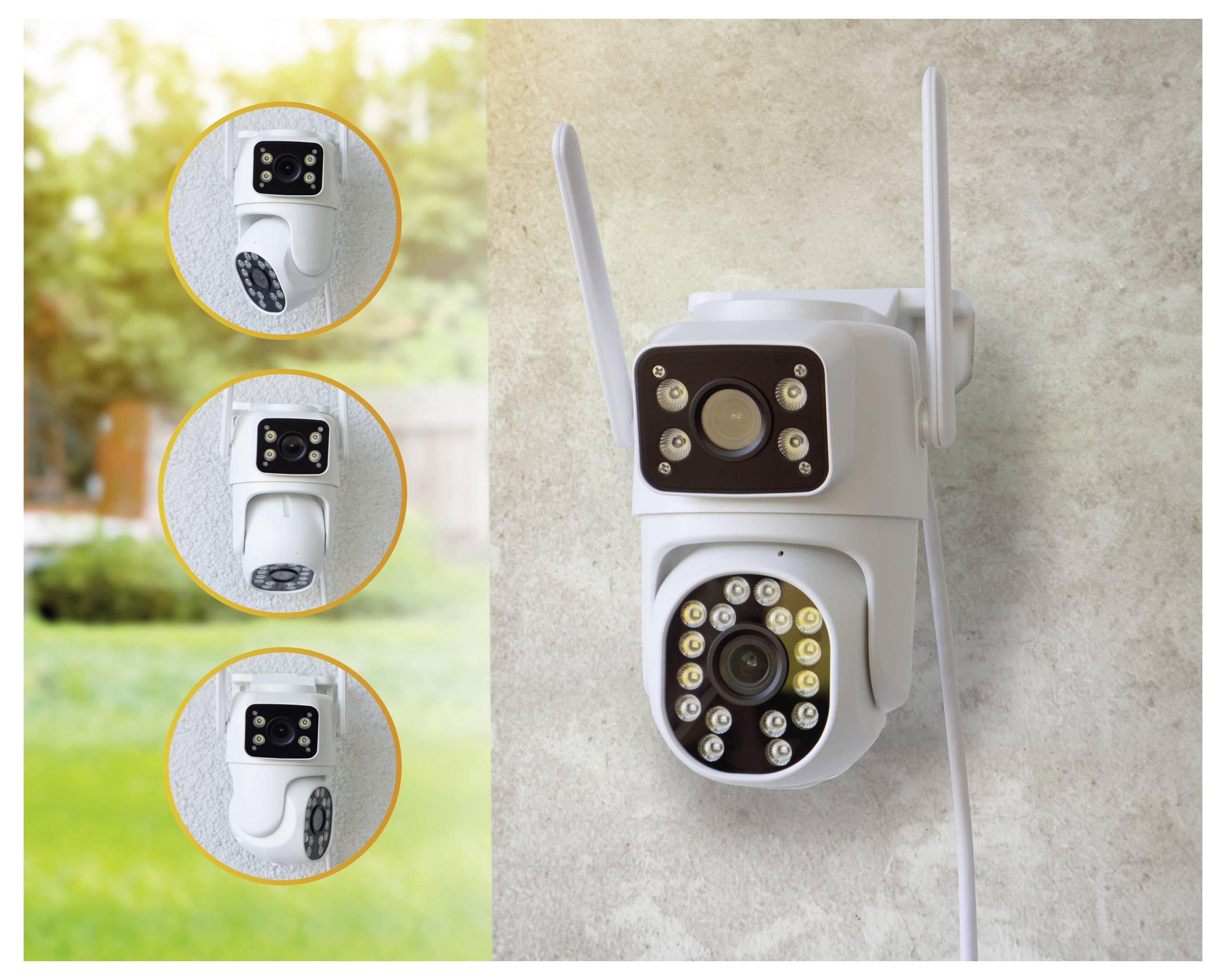 Eine weiße Sicherheitskamera mit Antennen an einer Wand montiert. Eingefügte Bilder zeigen die Kamera aus verschiedenen Winkeln in einer Gartenumgebung.
