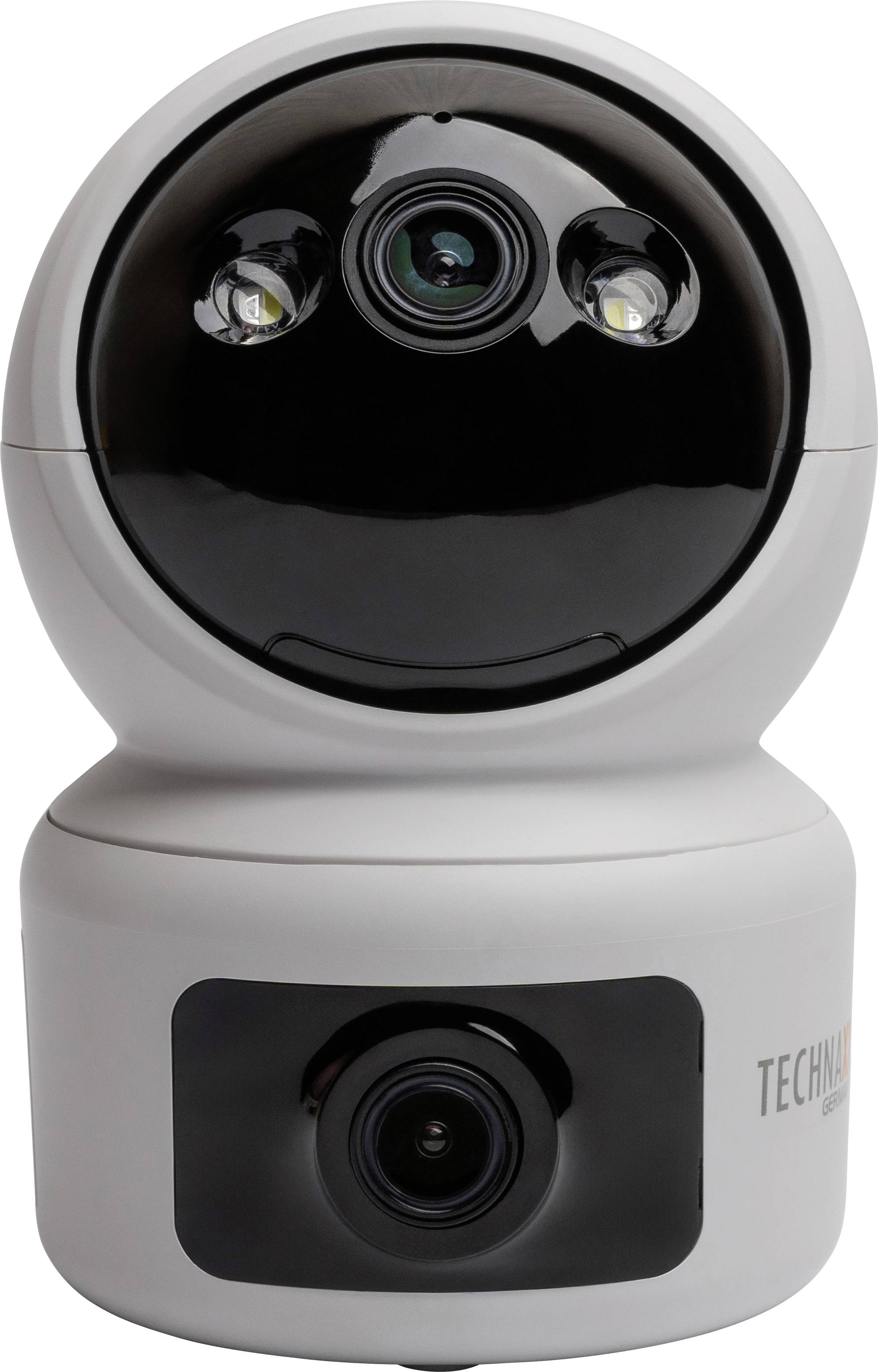 Eine weiße Sicherheitskamera mit schwarzer Front verfügt über mehrere Objektive und kann sich drehen, um verschiedene Winkel zur Überwachung zu erfassen.