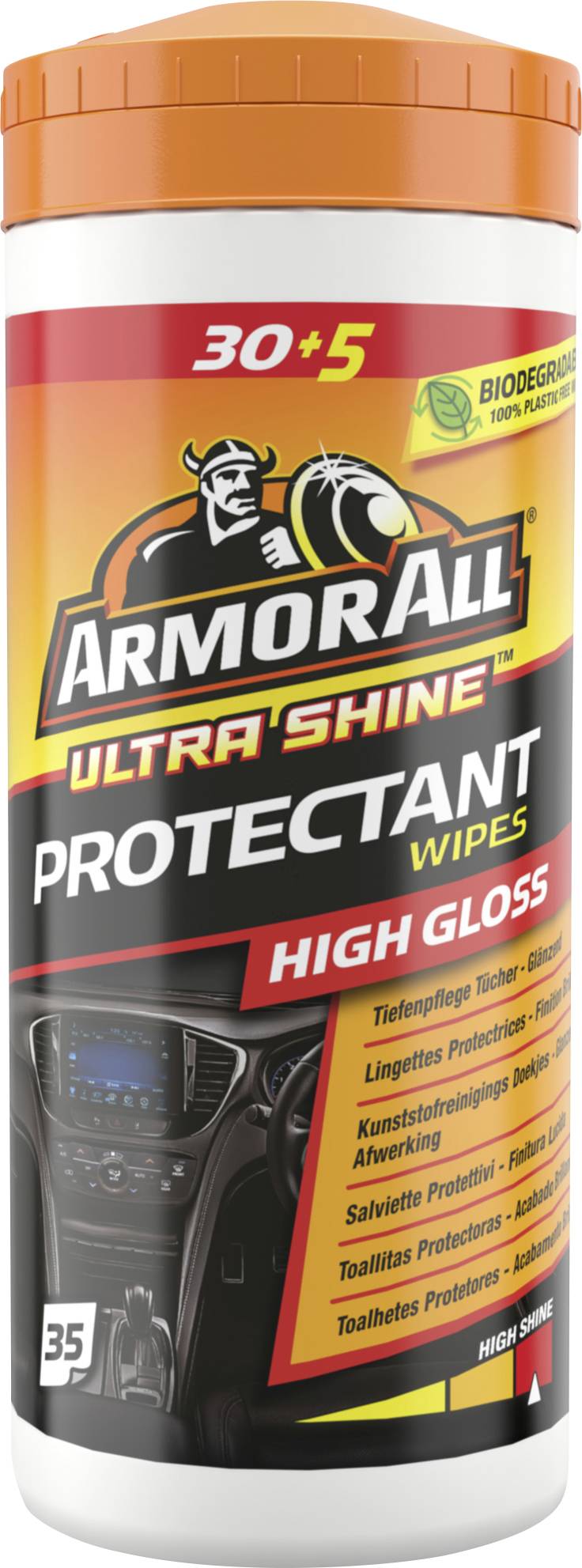 Armor All Ultra Shine Protectant Tücher Behälter mit 30+5 Stück und hochglänzendem Etikett.