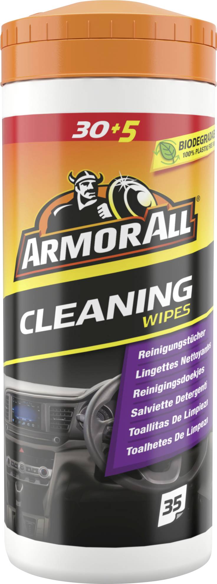 Armor All Reinigungstücher-Behälter, 30+5er Packung, mit orangefarbenem Deckel und schwarz-gelbem Etikett mit dem Armor All-Logo und Produktabbildung für Autoreinigung.