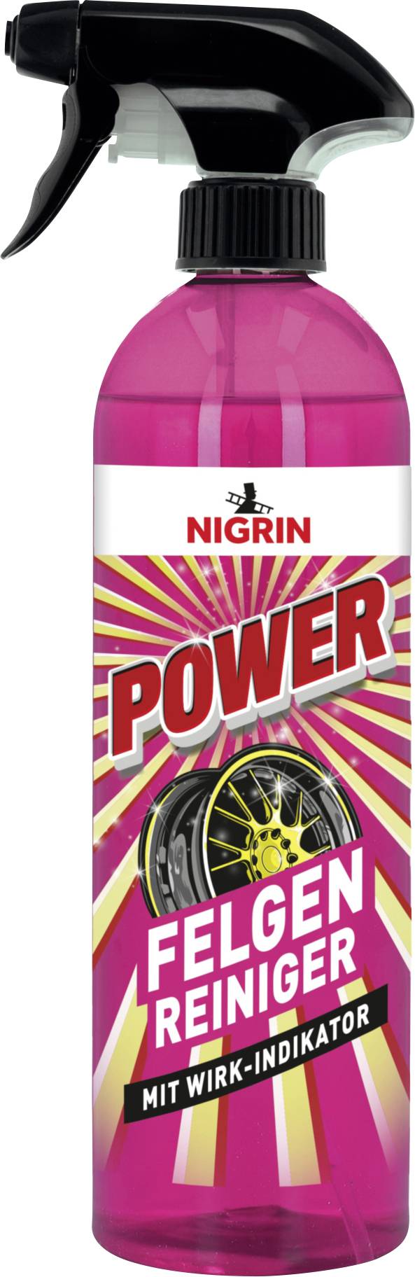 Rosa Flasche von Nigrin Power Felgenreiniger mit Sprühauslöser und Etikett mit der Aufschrift 