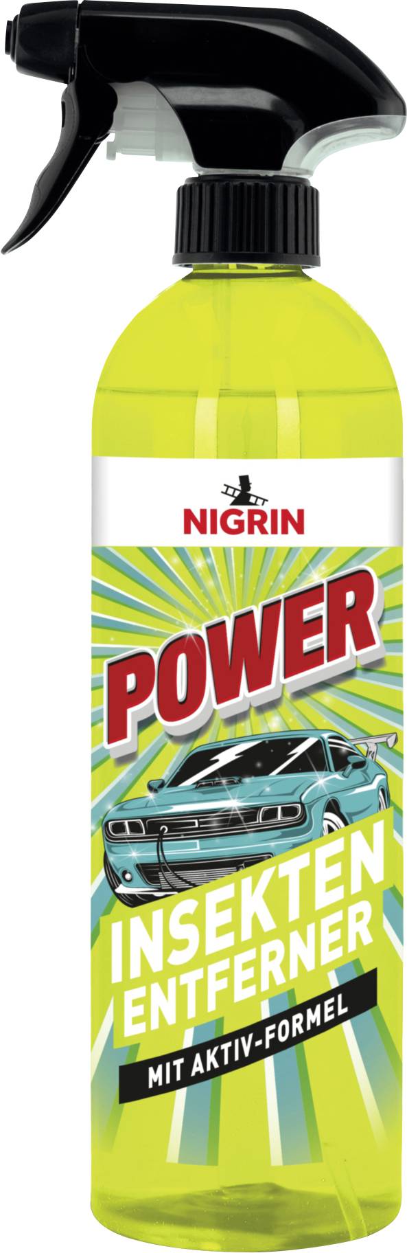 Nigrin Power Insektenentferner Sprühflasche mit schwarzem Auslöser und gelber Flüssigkeit, beschriftet mit „INSEKTEN ENTFERNER