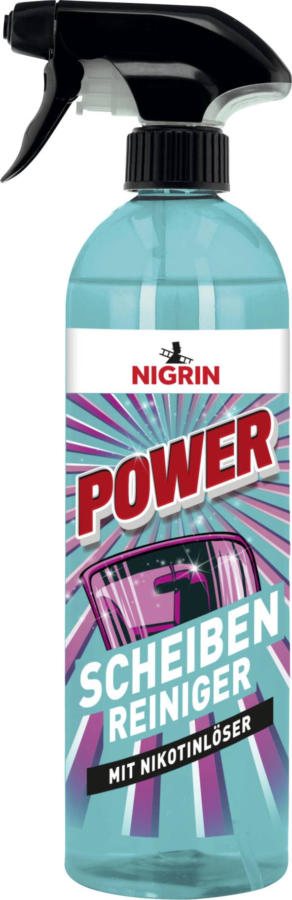 Flasche NIGRIN POWER Scheibenreiniger, türkisfarbene Sprühflasche mit schwarzem Sprühkopf und Etikett mit der Aufschrift „SCHEIBEN REINIGER
