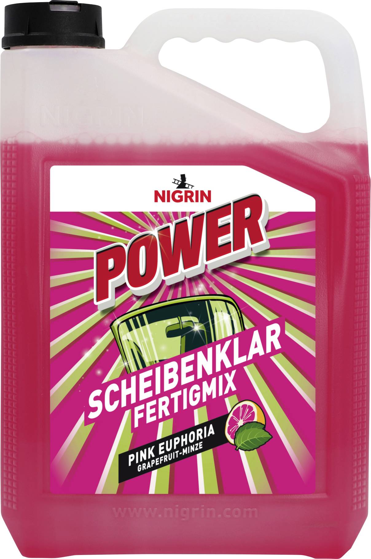 Nigrin Power Scheibenklar Fertigmix Scheibenwaschmittel in einem roten 5-Liter-Kanister mit Etikett im Duft Rosengrapefruit.