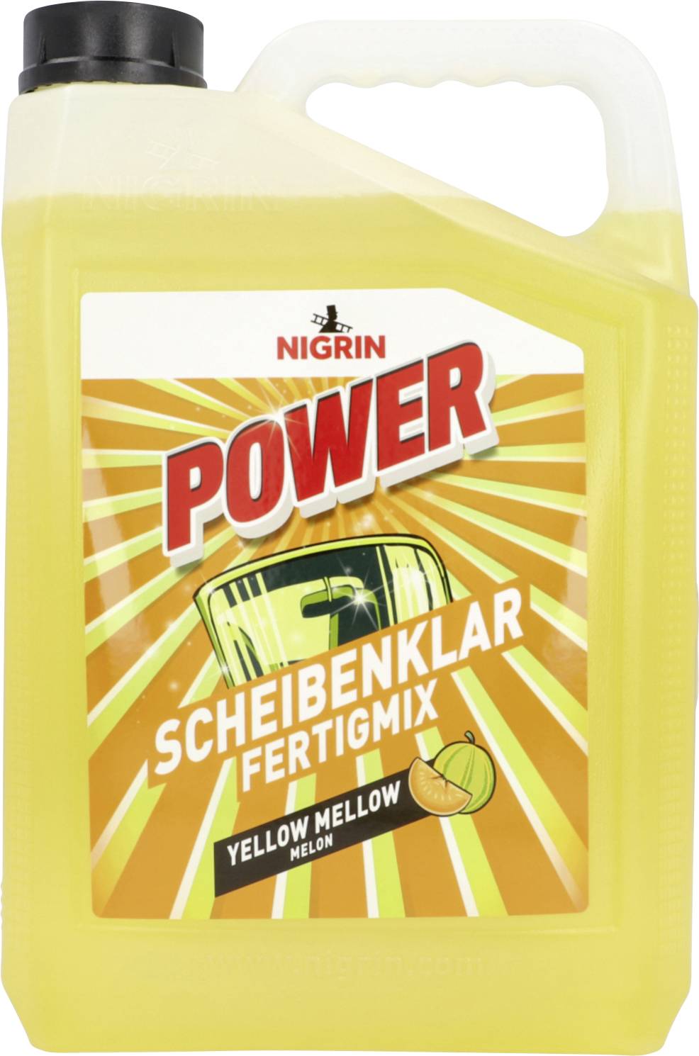 Gelbe NIGRIN Power Scheibenreinigungsflüssigkeit in einer Flasche mit Melonenaroma, gekennzeichnet mit „SCHEIBENKLAR FERTIGMIX
