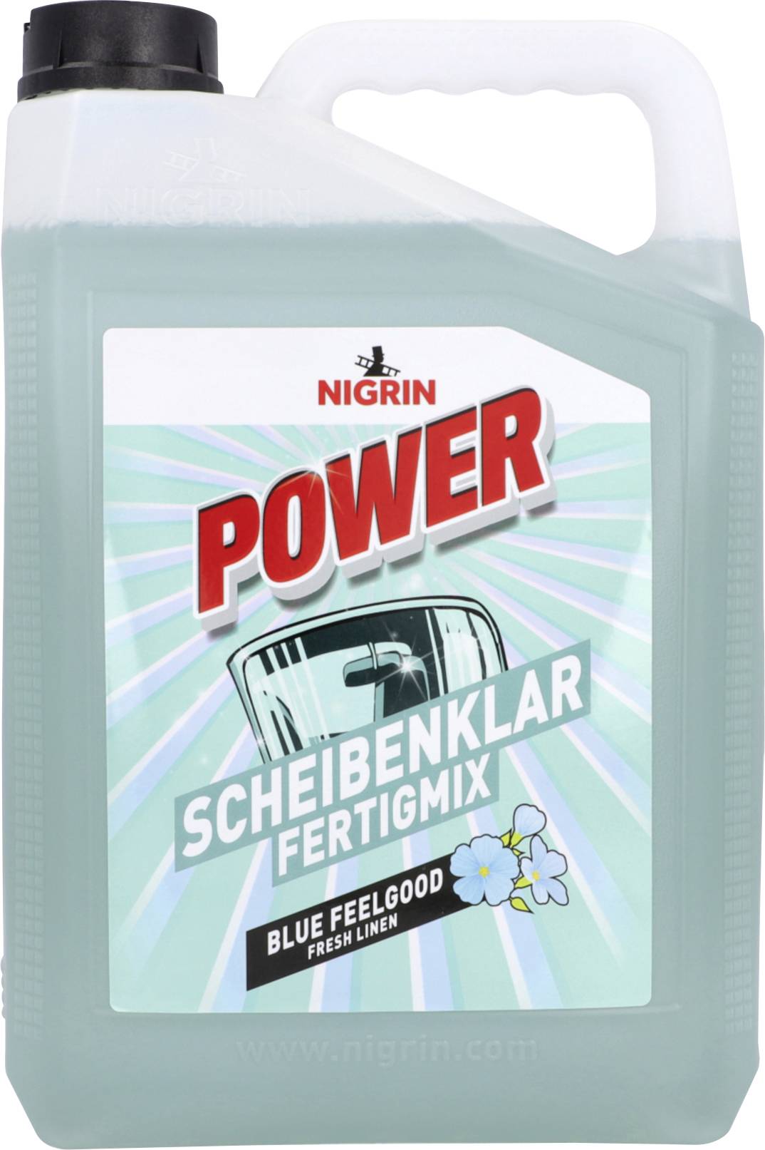 Ein Behälter mit Nigrin Power Scheibenwaschanlagen-Flüssigkeit, beschriftet mit „Scheibenklar Fertigmix