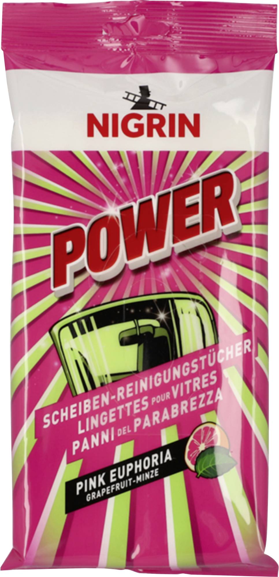 Nigrin 'Power' rosa Euphorie Auto-Reinigungstücher Packung mit Magenta- und Lime-Burst-Design, zum Reinigen von Windschutzscheiben und Innenraum.