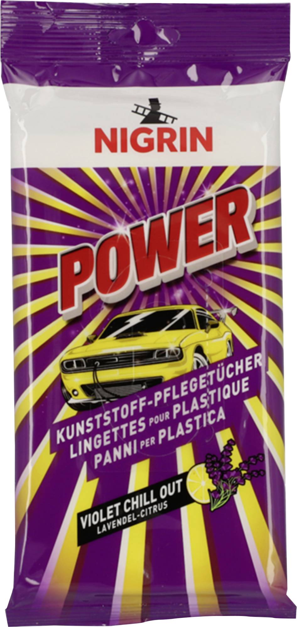 NIGRIN Power Kunststoffpflegetücher, Violet Chill Out Lavendel-Zitrusduft, gelbes Auto auf lila Verpackung mit strahlenden Streifen.