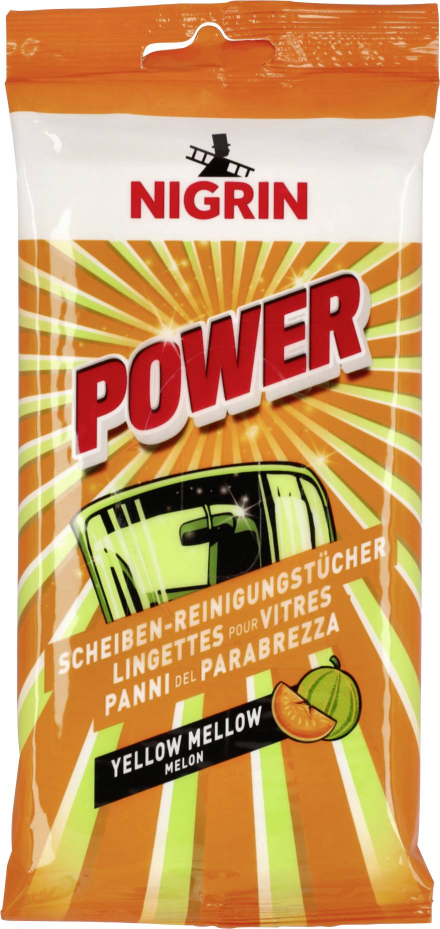 Packung von NIGRIN Power Scheibenreinigungstüchern, etikettiert mit „Yellow Mellow