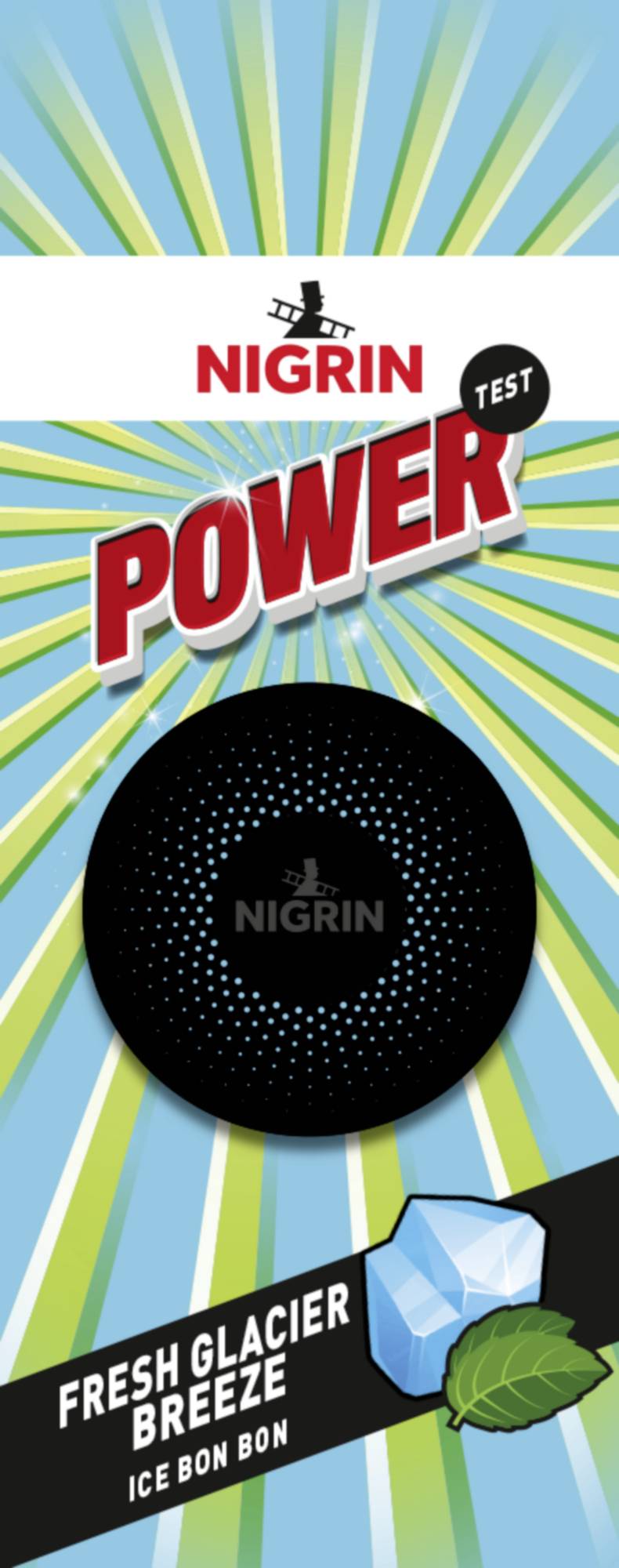 Nigrin Power Fest ‚Fresh Glacier Breeze' Eisbonbon-Verpackung mit fettem rotem POWER-Text und blauer Eiskubus-Illustration.