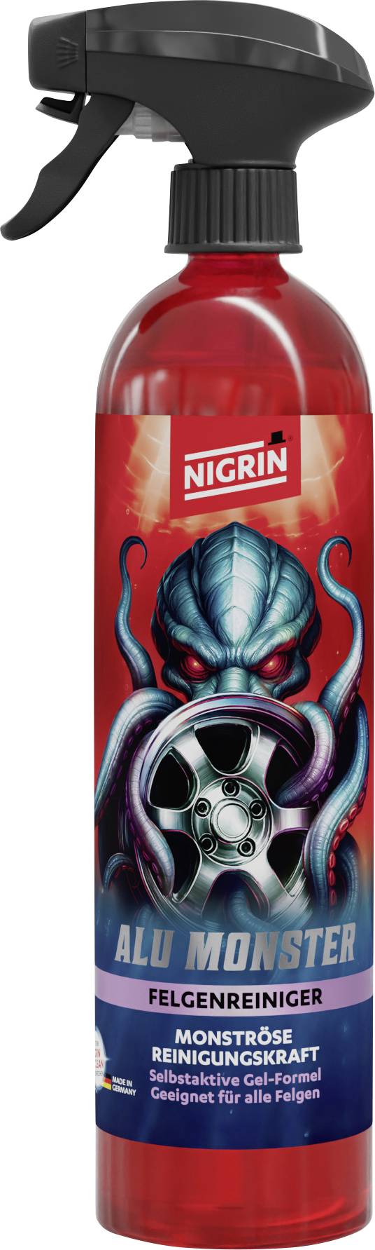 Rote NIGRIN ALU Monster Reinigungsspray für Räder in Sprühflasche mit Monster-Grafik und Sprühauslöser.