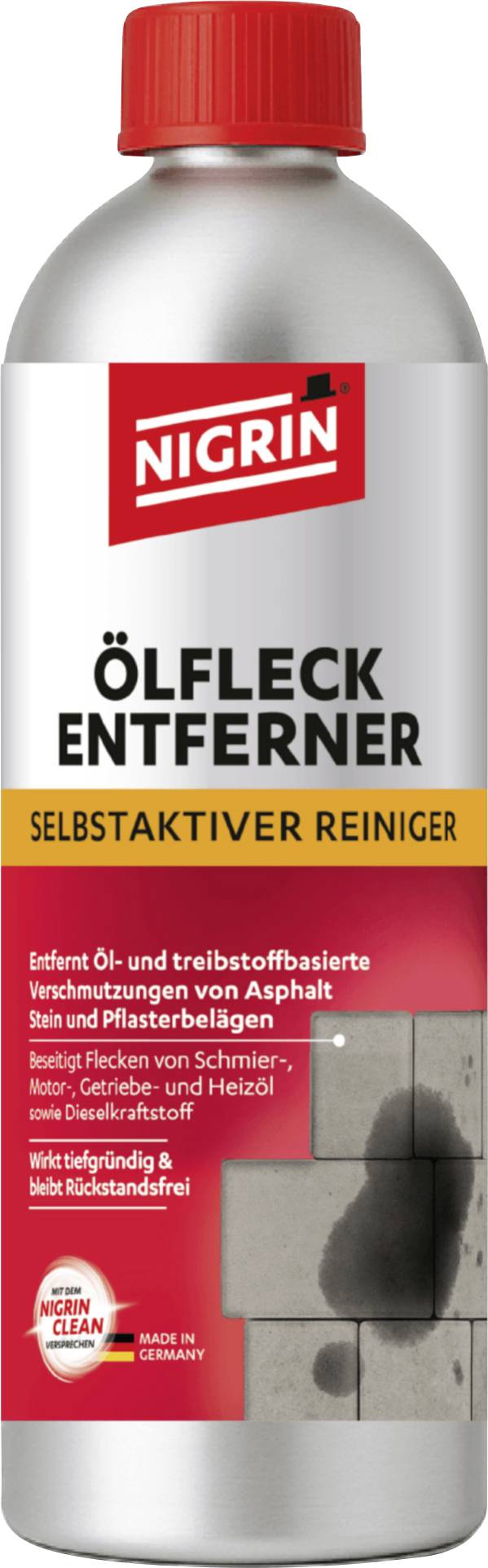 NIGRIN Ölfleck Entferner Flasche, selbstaktivierender Reiniger zur Entfernung von Öl- und Benzinflecken auf Asphalt, Stein und Beton.