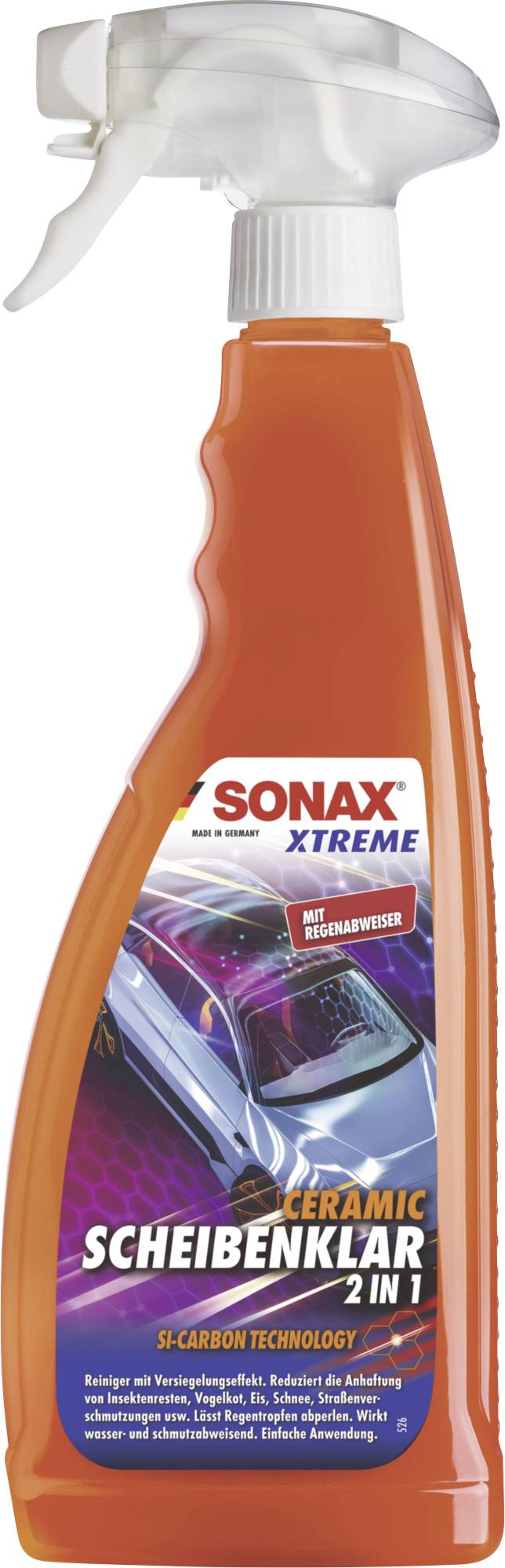 Orange SONAX XTREME Glasreiniger-Sprühflasche mit weißem Sprühauslöser und Etikett mit der Aufschrift „Ceramic Scheibenklar 2 in 1