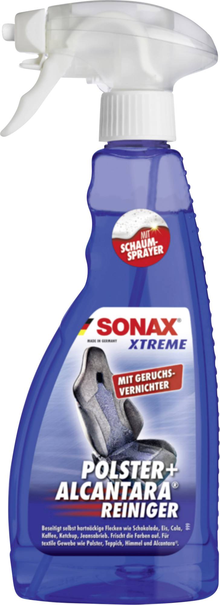 Blau SONAX XTREME Polster- und Alcantara-Reinigerspray in Sprühflasche mit Auslöseventil und deutschem Etikett „Polster+Alcantara Reiniger