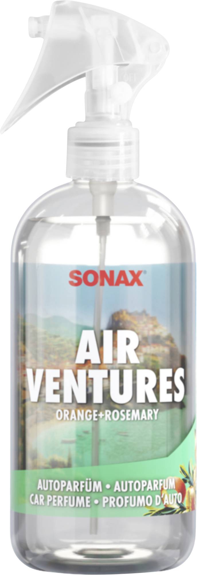 SONAX Air Ventures Orange-Rosmarin AutoDuft in einer klaren Sprühflasche