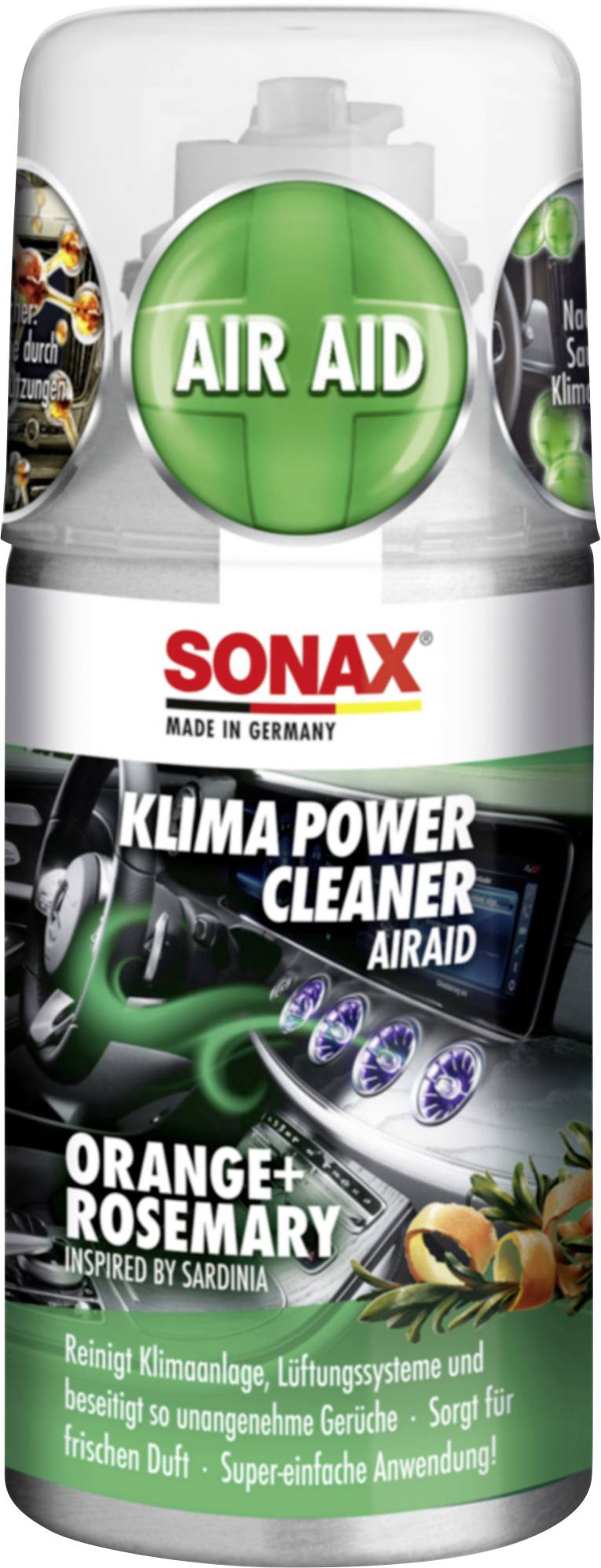 SONAX Klima Power Cleaner AirAid Spraydose mit orange-Rosmarinduft, gekennzeichnet mit „AIR AID