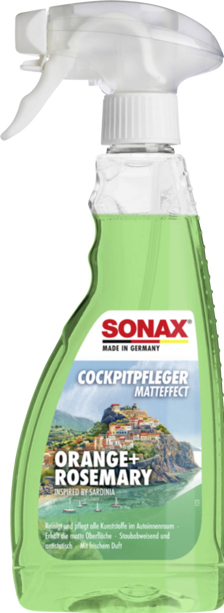 Flasche von SONAX Cockpitpflege MattEffect Orange und Rosmarin Innenraumreiniger in einer grünen Sprühflasche mit weißem Sprühkopf.