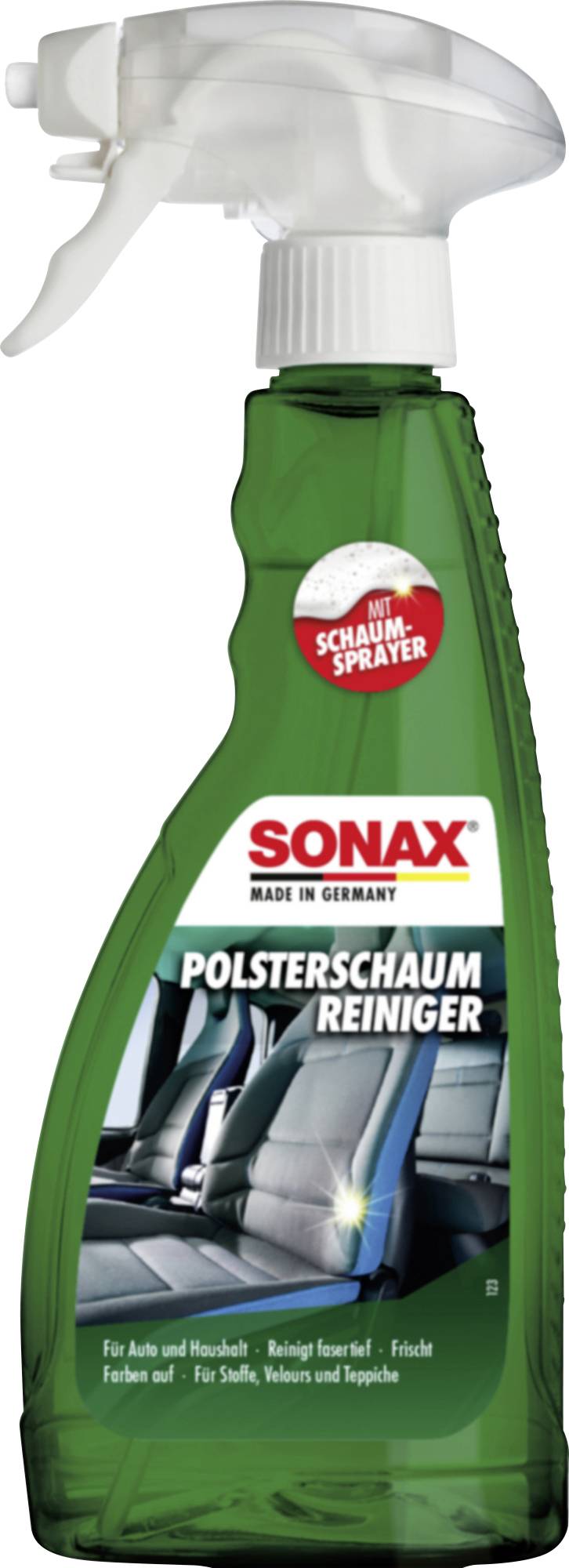 Grüne Sonax Polsterreiniger-Sprühflasche mit Drucksprühkopf, gekennzeichnet mit „Polsterschaum Reiniger