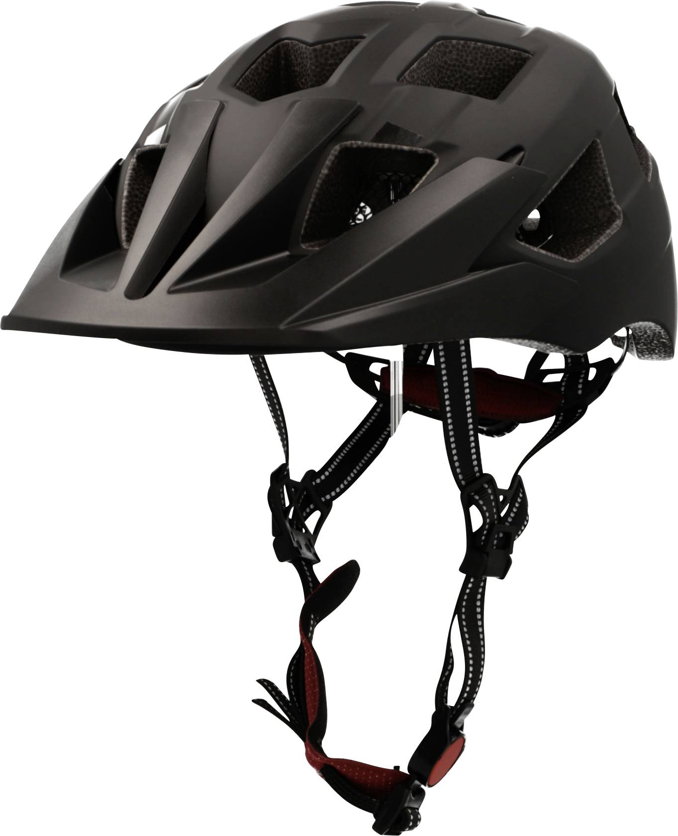 Schwarzer Fahrradhelm mit verstellbaren Kinnriemen auf weißem Hintergrund.