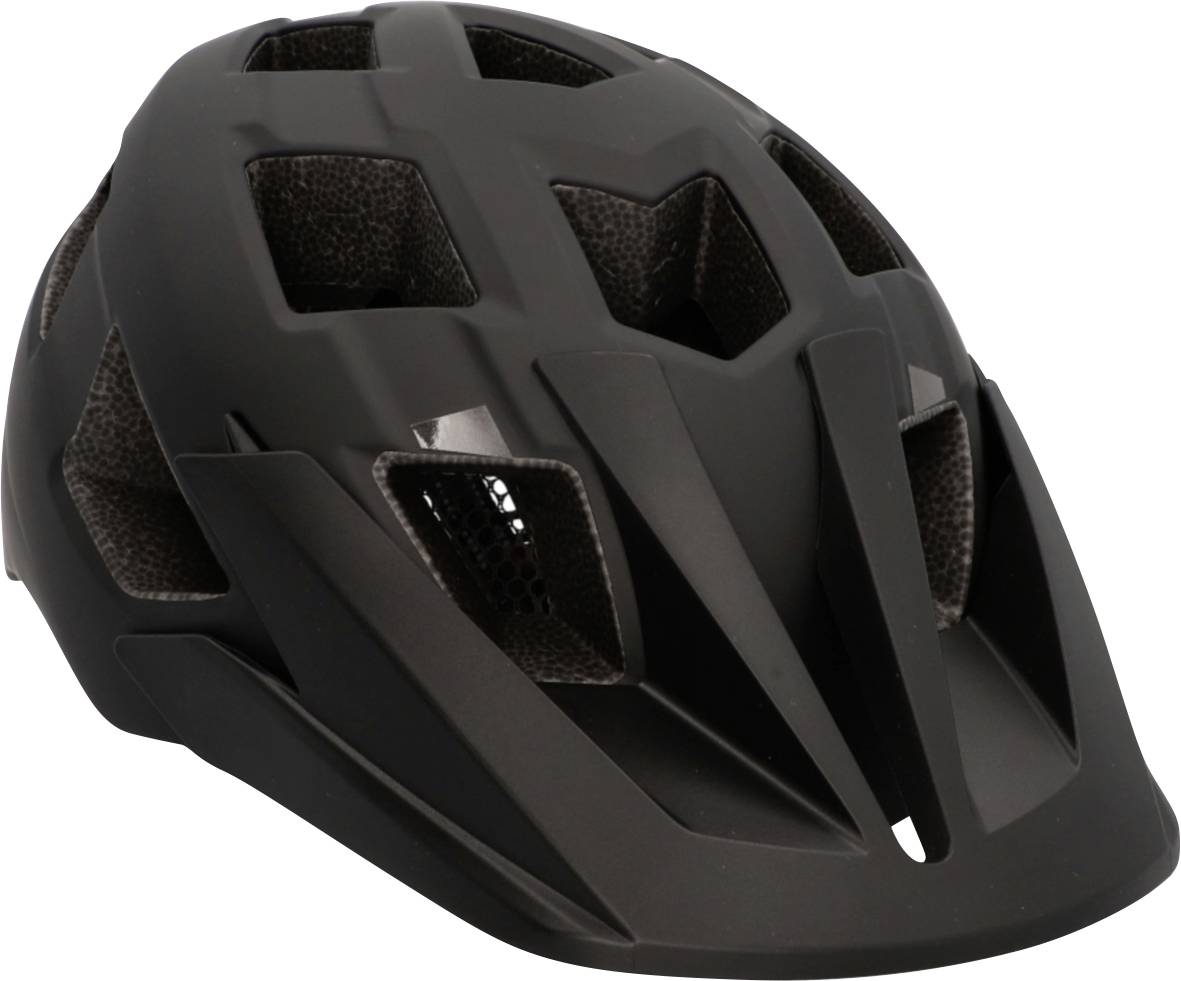 Schwarzer belüfteter Fahrradhelm auf weißem Hintergrund