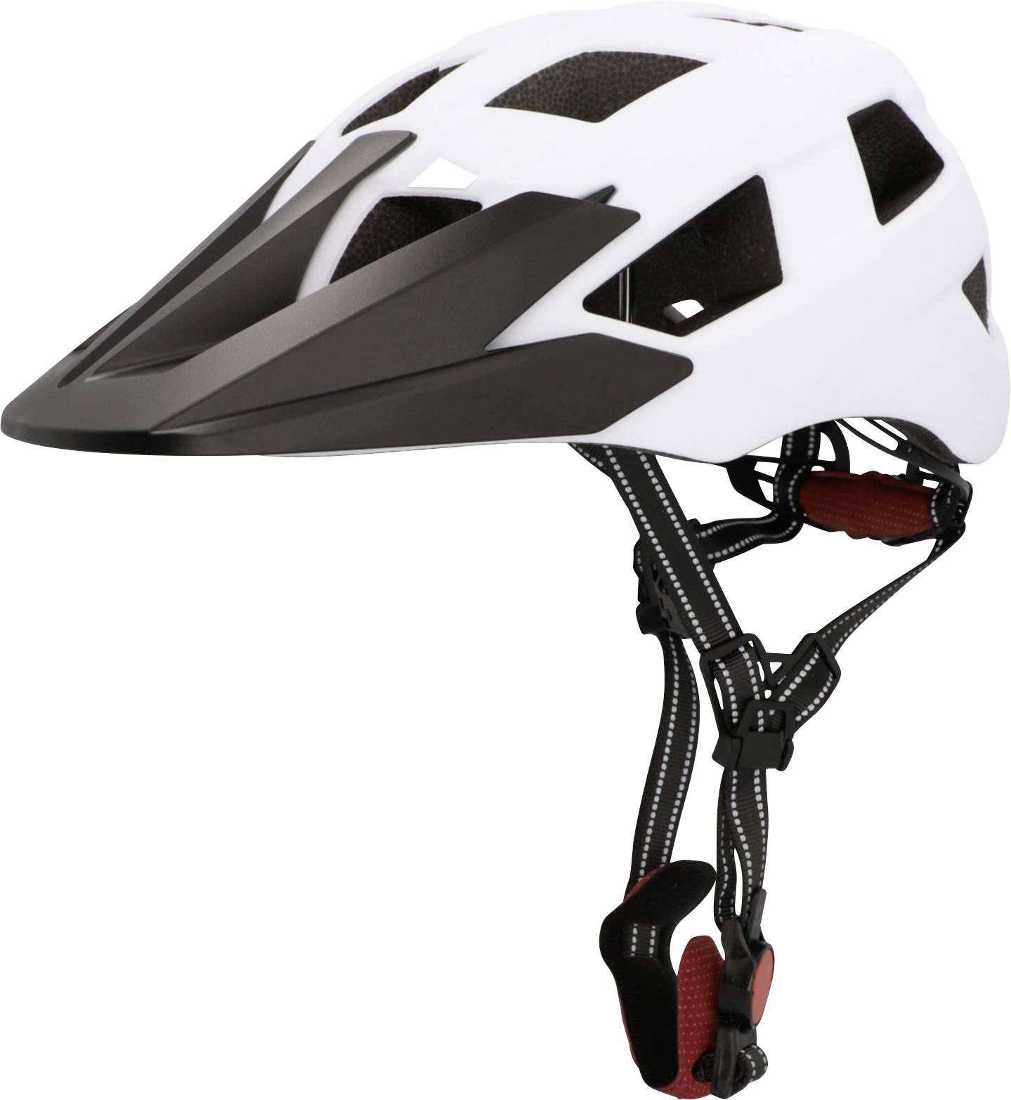 Weißer und schwarzer Fahrradhelm mit langem Schirm, gezeigt vor einem neutralen Hintergrund mit sichtbaren verstellbaren Kinnriemen.