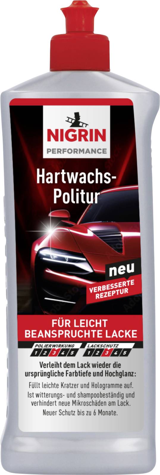 Nigrin Performance Autowachs-Politur Flasche mit roter Kappe, gekennzeichnet mit 'Hartwachs-Politur' und 'neue verbesserte Rezeptur' für beanspruchte und hochglänzende Lackoberflächen.