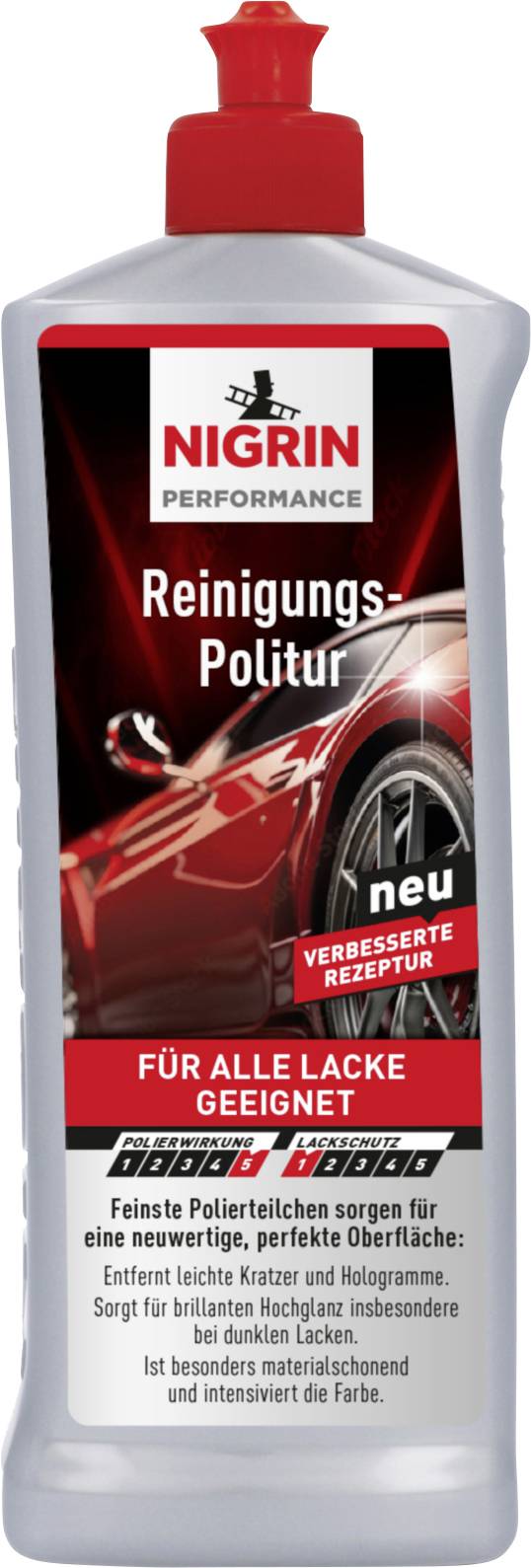 Eine Flasche NIGRIN Performance 'Reinigungs-Politur' Autopolitur, gekennzeichnet als neue verbesserte Formel für alle Lacktypen.