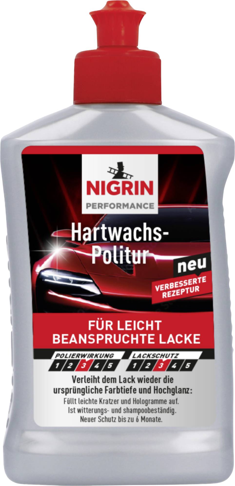 Flasche NIGRIN Performance Hartwachs-Politur, eine Hartewax-Politur für leicht abgenutzte Autolacke, gekennzeichnet mit „neu