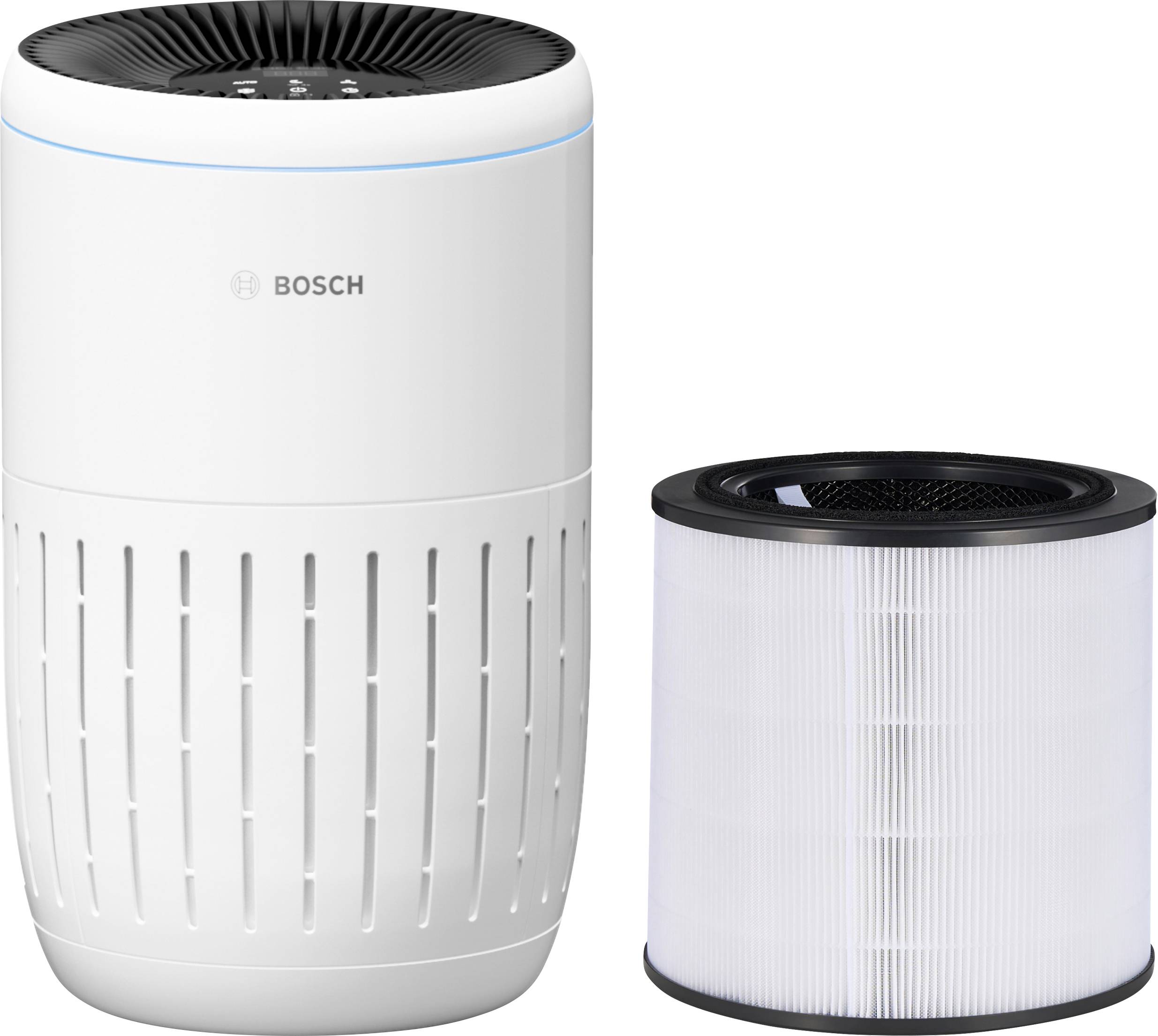 Bosch Zylindrischer Luftreiniger neben einer Ersatz-Filterpatrone auf weißem Hintergrund.