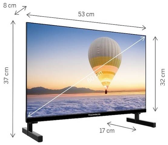 Thomson TV-Abmessungen: 53 cm Breite, 37 cm Höhe, 8 cm Tiefe. Bildschirmdiagonale 60 cm. Standfuß Breite 17 cm, Bildschirmhöhe 32 cm.
