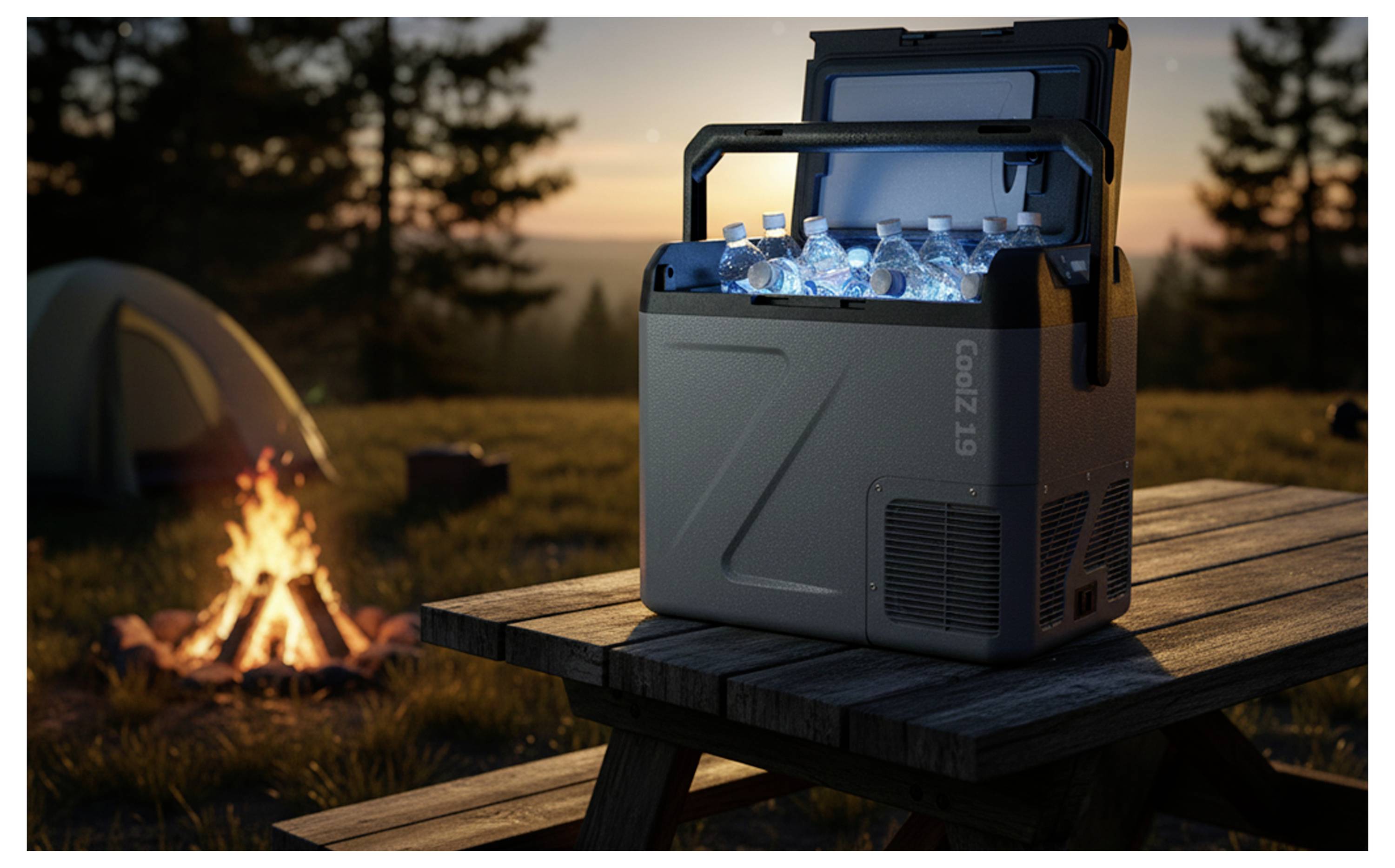 Tragbarer elektrischer Kühlbehälter gefüllt mit Eis steht auf einem Picknicktisch neben einem Lagerfeuer bei Sonnenuntergang, mit einem Zelt und Bäumen im Hintergrund.