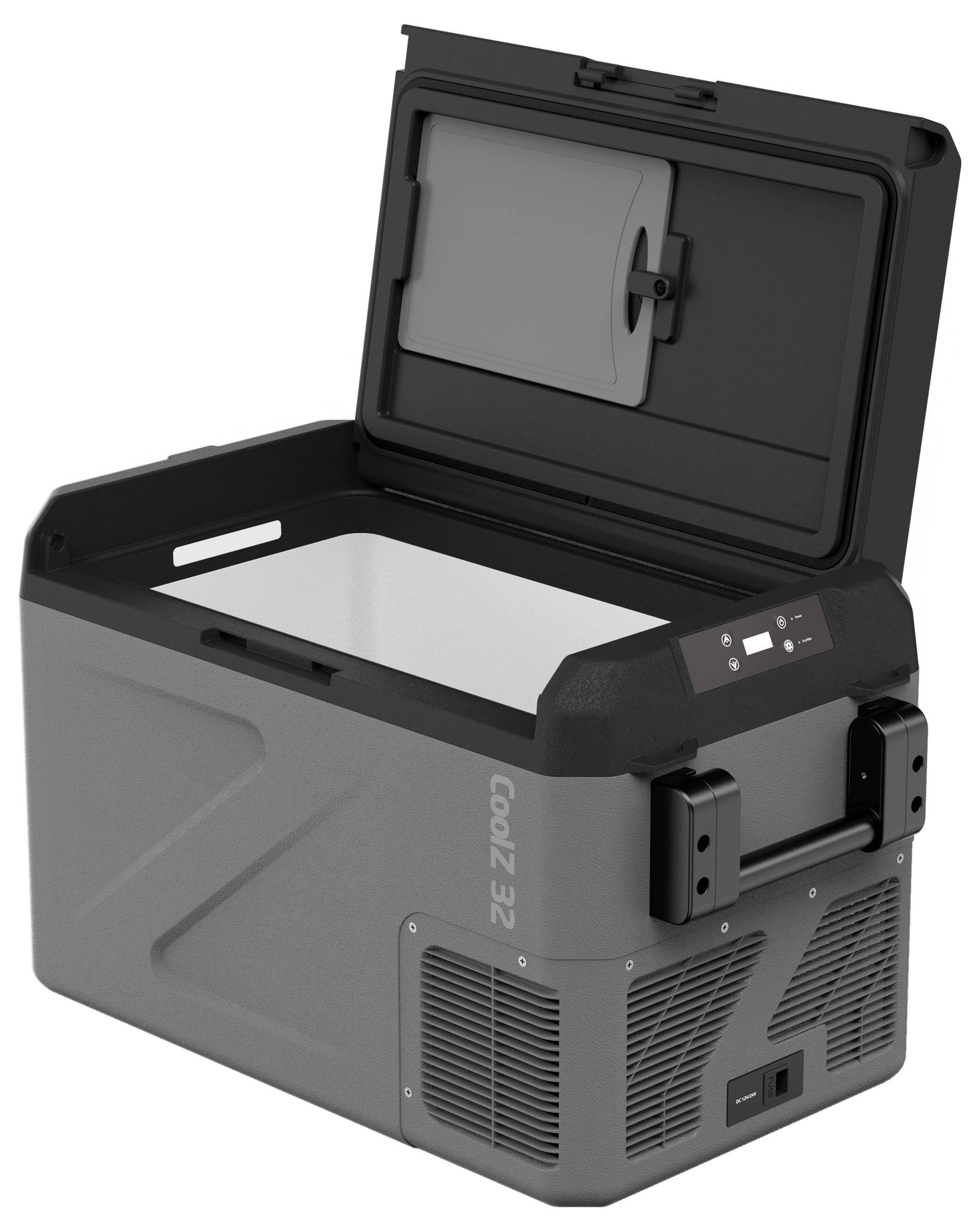 Tragbare CoolZ 32 elektrische Kühlbox mit geöffnetem Deckel, Frontbedienfeld und Seitenlüftungen, dargestellt in einem produktstylisierten Bild.
